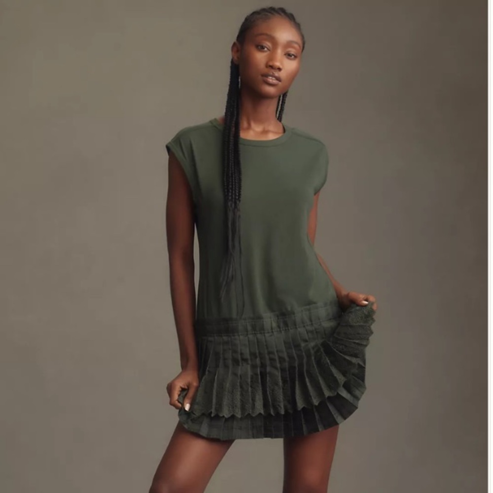 Daily practice by Anthro green Womens solid set mini pleated dress XS NEW